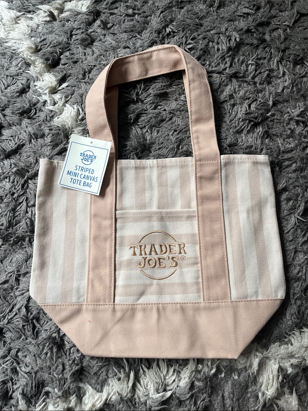 Trader Joe’s striped mini canvas tote. Tan. New with tags.